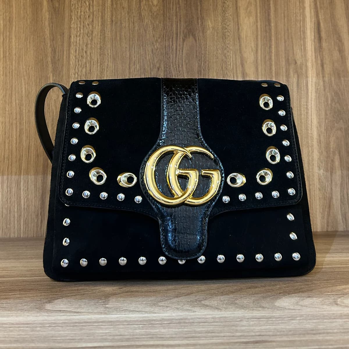 Gucci suede snakeskin studded medium arli flap shoulder bag