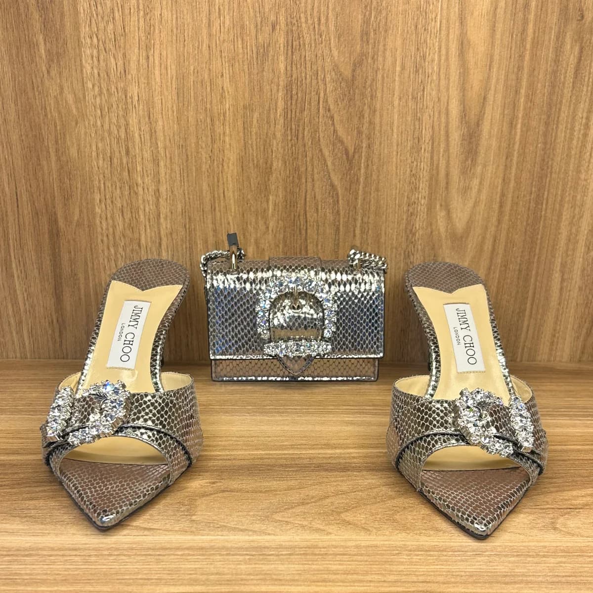 caia mules 65 metallic silver fabric with matching cheri mini paris