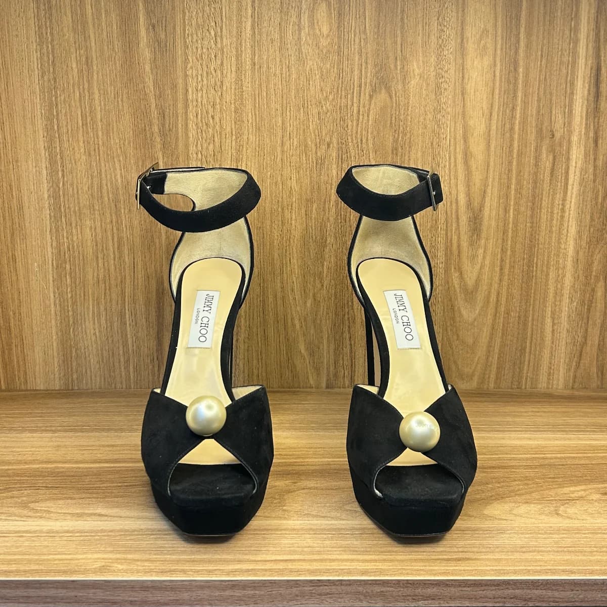 Socorie 120 Platform Sandals in black suede with faux pearl emebellishment