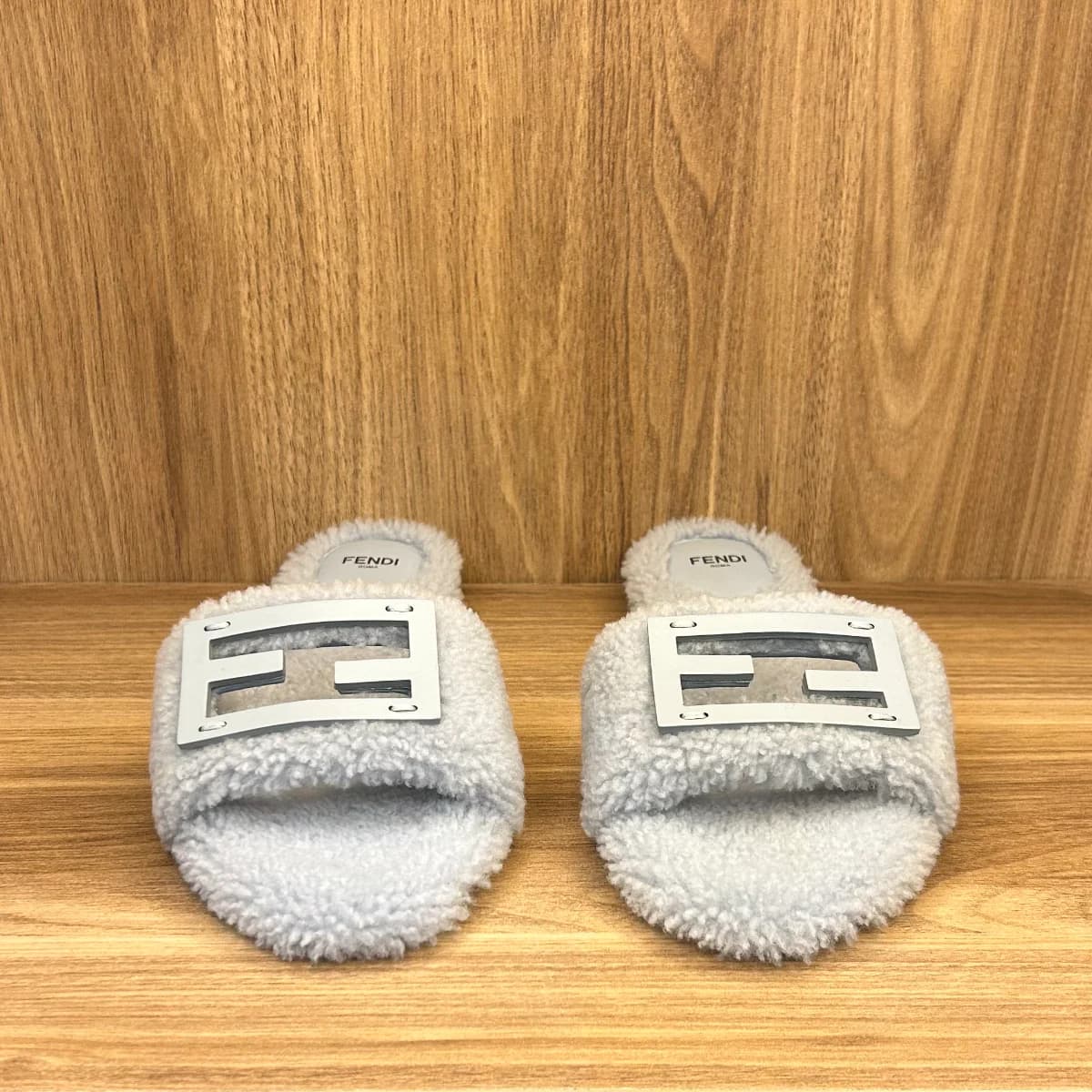 Fendi Shearling FF Baguette Slide Sandals