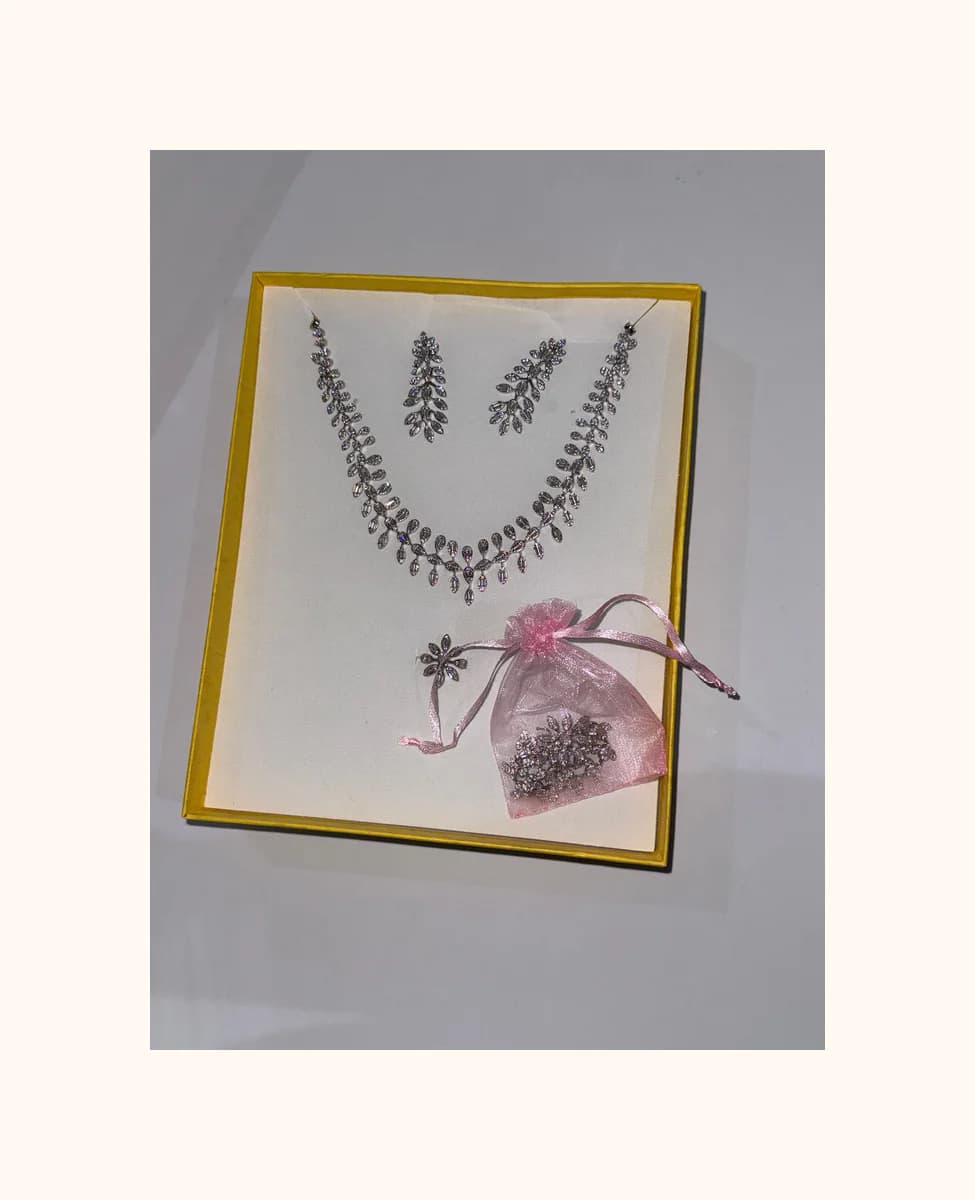 Silver-Plated American Diamond Necklace and Earrings Set