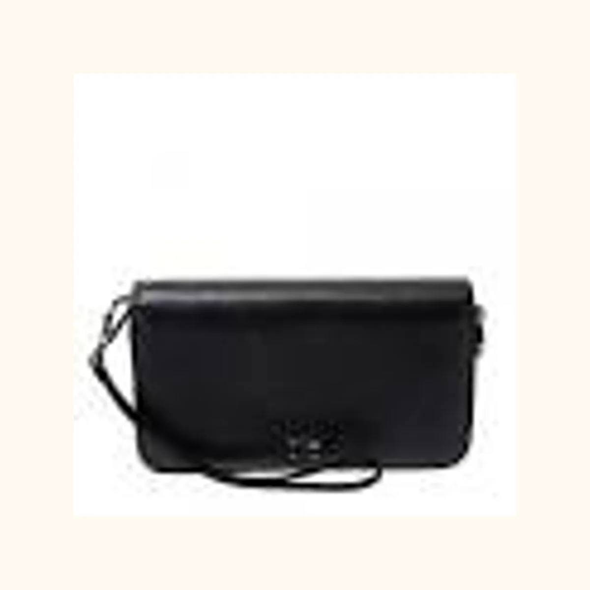 Black saffiano leather clutch bag with a wrist handle&branded metal plaque