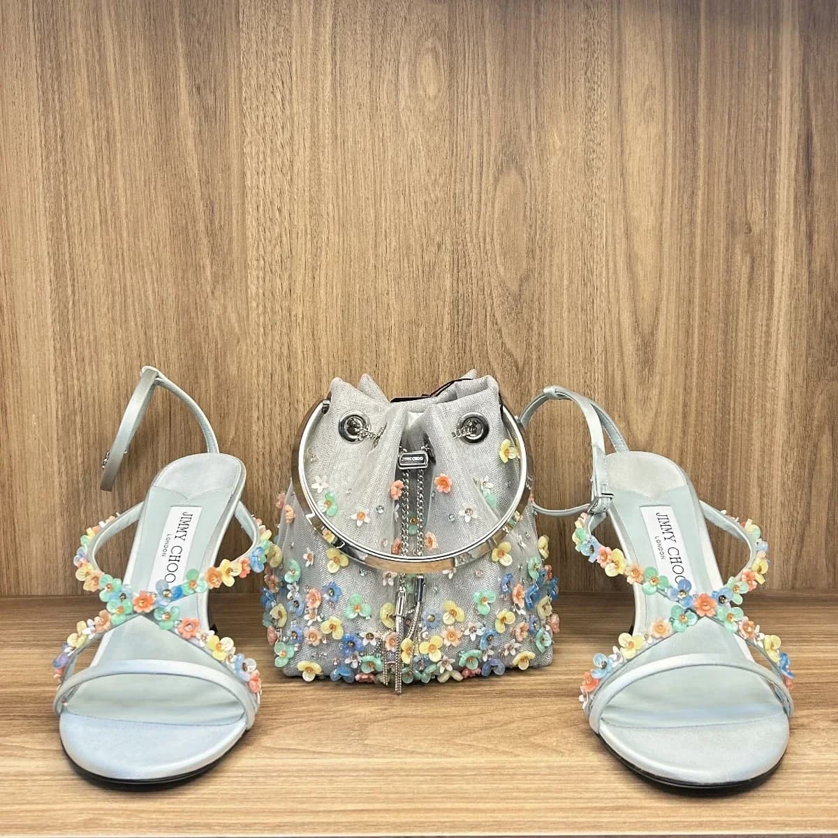 Jimmy Choo blanche 90 sandals with matching floral embellished mesh bon bon