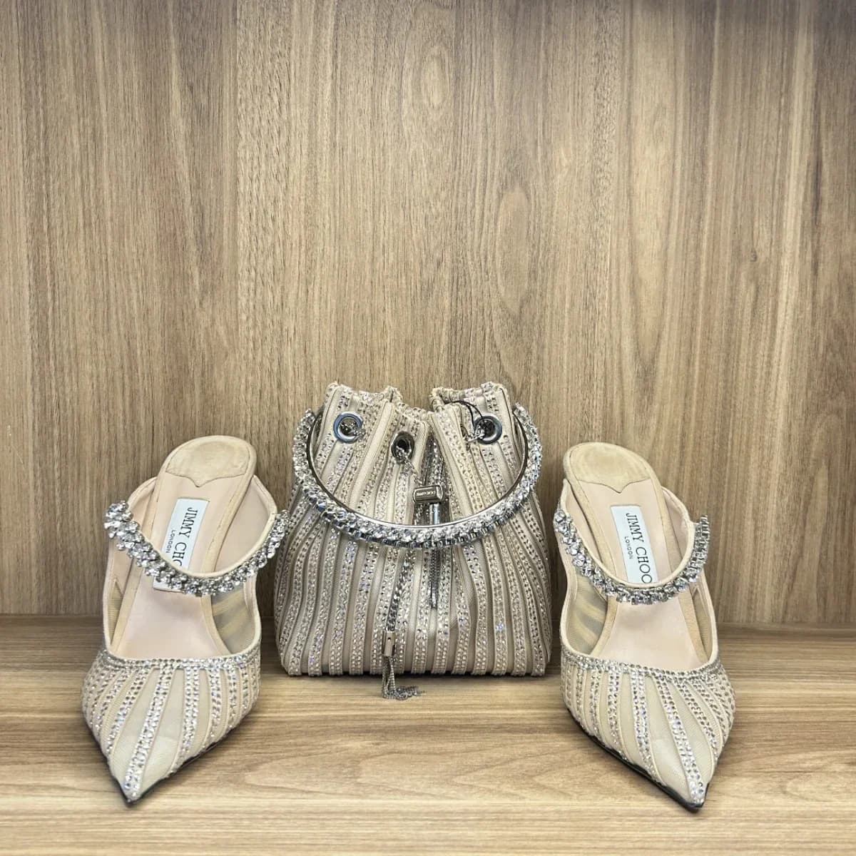 Jimmy Choo Bing Crystal Embellished Mesh Mule with matching bon bon