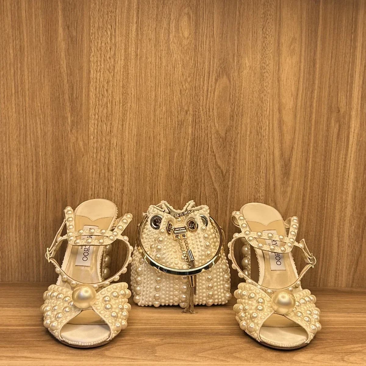 Jimmy choo Bon Bon Faux Pearl-embellished satin bucket in ivory with a gold-tone hoop handle with matching sacaria 120 platforms