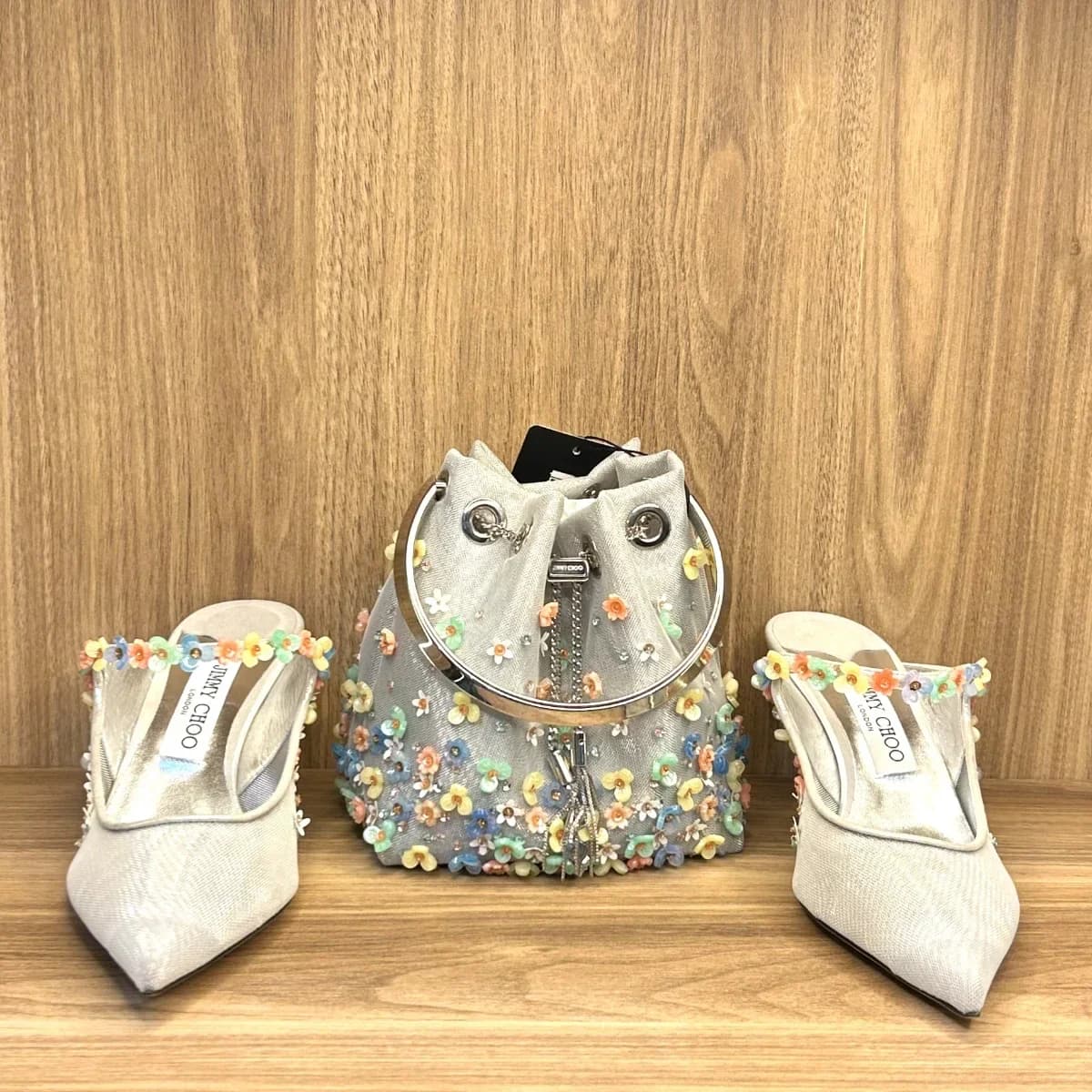 mesh floral embellished mules with matching floral embellished bon bon