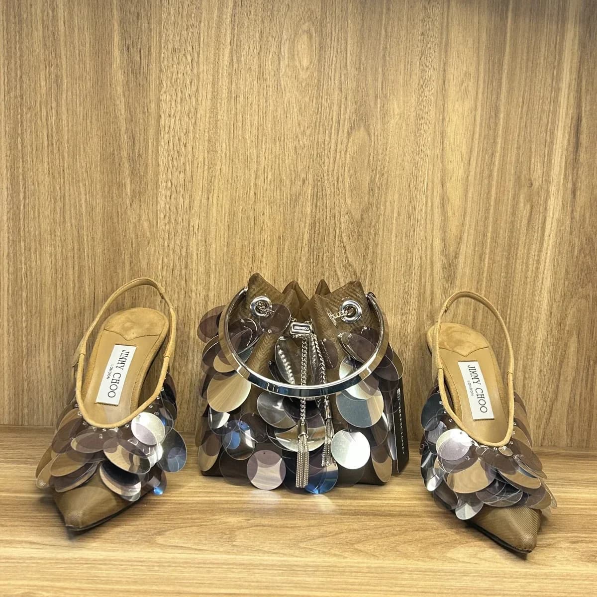 jimmy choo mesh sequine-embellished shoe with matching bon bon bag